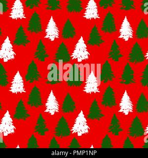 Green and white grunge spruce forest on red background. Christmas tree seamless pattern. Vector illustration. Stock Vector