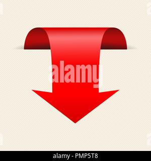 Red DOWN 3d arrow on beige background. Bent sign Stock Vector