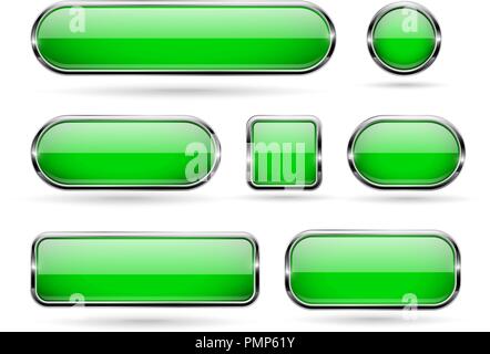 Green glass buttons with chrome frame. 3d icons Stock Vector