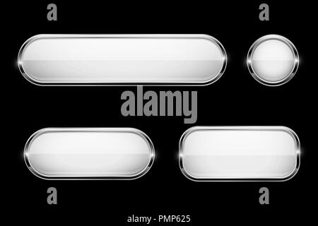 White glass buttons with chrome frame on black background. 3d icons Stock Vector