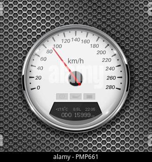 Speedometer on metal perforated background. 90 km per hour Stock Vector