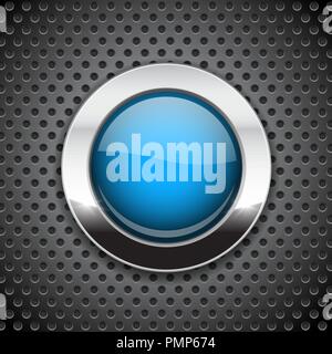 Blue button on metal perforated background. Round glass icon with chrome frame Stock Vector