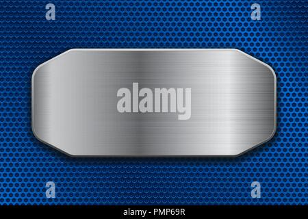 Brushed metal plate on blue perforated background Stock Vector