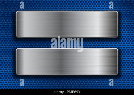 Steel plates on blue metal perforated background Stock Vector