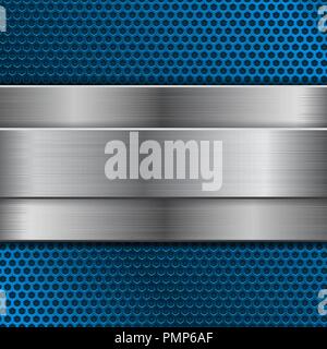 Blue metal background with perforation and brushed steel plate Stock Vector