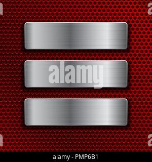 Steel plates on red metal perforated background Stock Vector