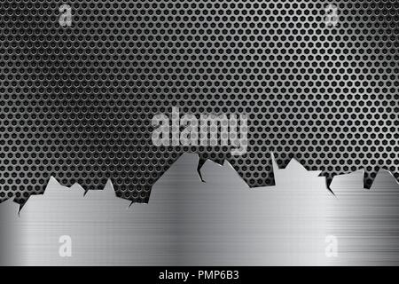 Metal perforated background with stainless steel element with torn edges Stock Vector