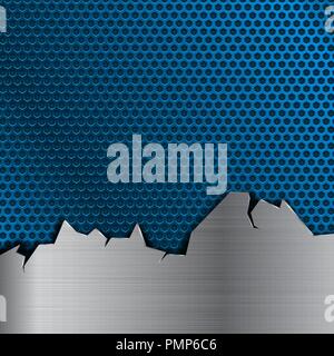 Blue metal perforated background with stainless steel element with torn edges Stock Vector