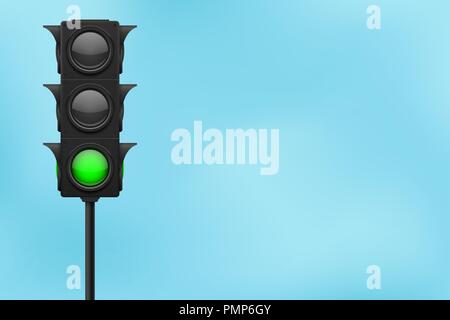 Traffic lights with blue sky. Green lamp ON - traffic allowed Stock Vector