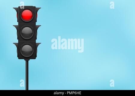 Traffic lights with blue sky. Red lamp ON - traffic prohibited Stock Vector