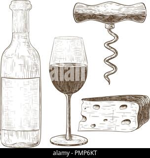 Wine set. Hand drawn sketch. Vintage style Stock Vector