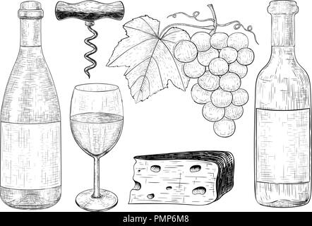 Wine set. Botlle of wine, glass, grapes, cheese, corkscrew. Hand drawn sketch. Vintage style Stock Vector