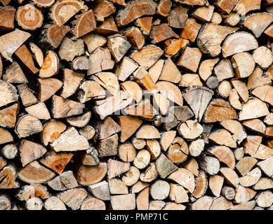 Preparation of firewood for the winter. firewood background, Stacks of firewood in the forest. Stock Photo