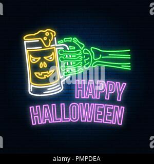 Happy Halloween neon sign or emblem. Vector illustration. Happy Halloween light banner with Skeleton hand with glass of magic beer. Night bright advertisement. Neon template for banner, poster, card Stock Vector