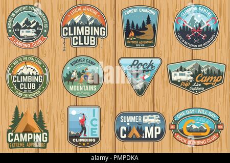 Set of Rock Climbing club and summer camp badges. Vector Concept for shirt or print, stamp, patch or tee. Vintage typography design with camping tent, trailer, camper, climber, carabiner and mountains Stock Vector