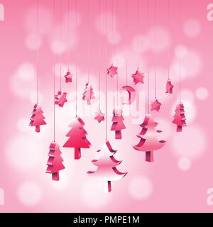 3D isometric Christmas ornaments hanging rope in red pink with bokeh blurry background with copy space, Vector illustration EPS10 Stock Vector