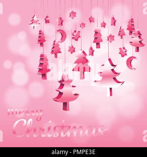 Red Pink pastel Christmas ornaments hanging rope in 3D isometric with bokeh blurry sweet pink background with copy space, Vector illustration EPS10 Stock Vector