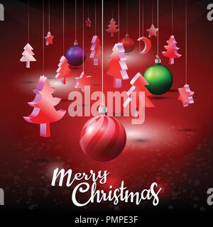 Christmas typographical with shiny 3D isometric Xmas ornaments decoration on dark red background with christmas tree, star, moon, light shading, Merry Stock Vector