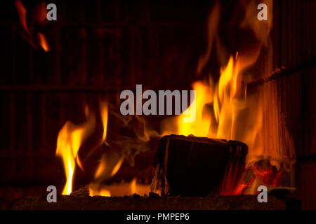 Firewood in flames and smoke of the fireplace background Stock Photo