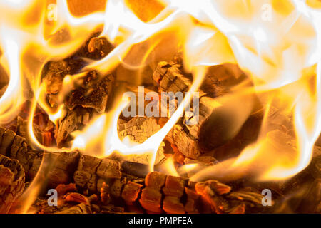 Burning firewood coals in the fireplace background Stock Photo