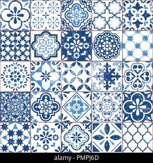 Vector Azulejo tile pattern, Portuguese or Spanish retro old tiles mosaic, Mediterranean seamless navy blue design Stock Vector