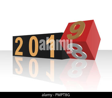 Change of year 2018 to 2019 on 3 black and 1 red cube, reflected in front of a white background Stock Photo