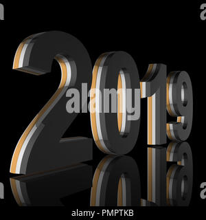The year 2019 in silver, gold, grey as 3D render is diagonal and mirrored in front of a black background Stock Photo