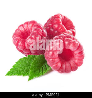 red colored raspberries with two leaves isolated on white background Stock Photo