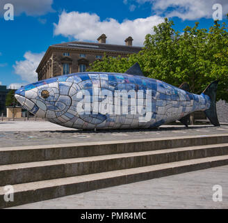 Sculpture of a fish made of ceramic in Belfast painted in blue and white Stock Photo