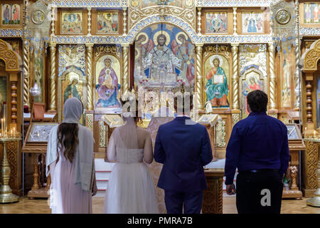 Traditional Russian Wedding Ceremony in Eastern Orthodox Church. Stock Photo
