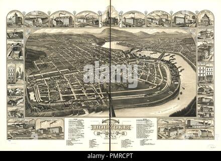 Bird's eye view of the 1881 city of Holyoke, and village of South Hadley Falls, Mass. Stock Photo