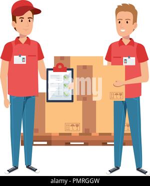 delivery workers with pile boxes and checklist vector illustration design Stock Vector