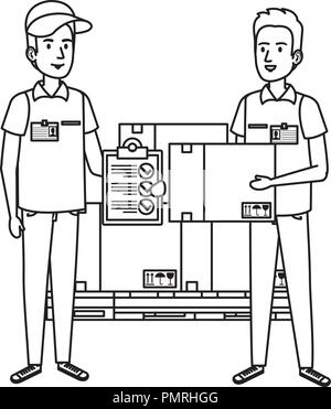 delivery workers with pile boxes and checklist vector illustration design Stock Vector