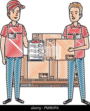 delivery workers with pile boxes and checklist vector illustration design Stock Vector