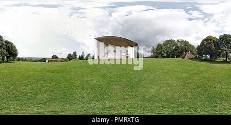 360 degree panoramic view of Ronchamp, Chapelle Notre Dame du Haut by Le Corbusier, View from the East