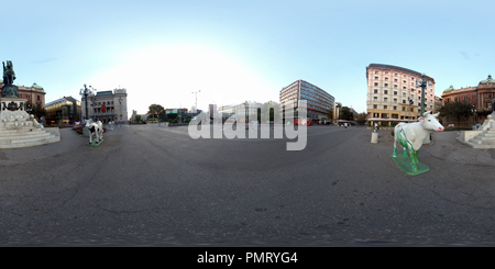 360 degree panoramic view of Republic Square (Prince Michael statue) in the morning - Belgrade