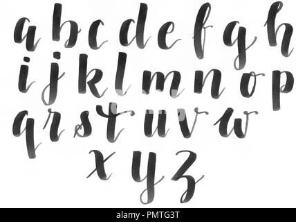 Hand lettering, modern calligraphy alphabet in black on a white paper,  handwritten with a personal font Stock Illustration