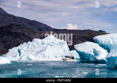 Small sightseeing boat sailing in Tunulliarfik Fjord close to large icebergs from Qooroq icefjord in summer. Narsarsuaq, Kujalleq, Southern Greenland. Stock Photo