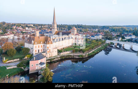 France, Vienne, Saint Savin sur Gartempe, Saint Savin abbey church listed as World Heritage by UNESCO and Gartempe river (aerial view) // France, Vien