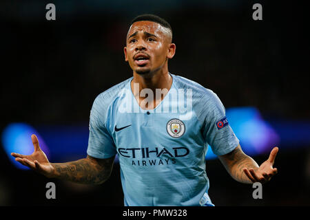 Manchester, UK. 19th September 2018. Gabriel Jesus of Manchester City during the UEFA Champions League Group F match between Manchester City and Lyon at the Etihad Stadium on September 19th 2018 in Manchester, England. Credit: PHC Images/Alamy Live News Stock Photo