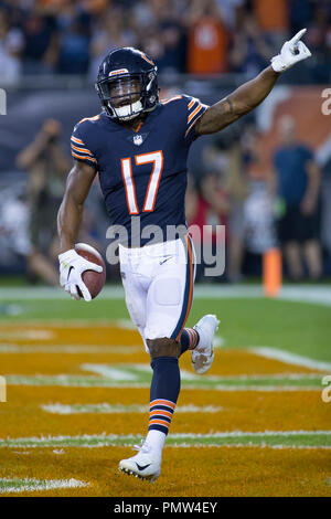 Chicago, Illinois, USA. 17th Sep, 2018. - Bears #17 Anthony Miller celebrates his touchdown during the NFL Game between the Seattle Seahawks and Chicago Bears at Soldier Field in Chicago, IL. Photographer: Mike Wulf Credit: csm/Alamy Live News Stock Photo