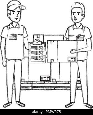delivery workers with pile boxes and checklist Stock Vector