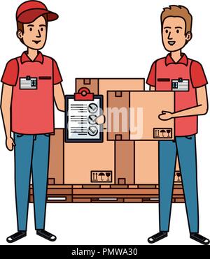 delivery workers with pile boxes and checklist Stock Vector