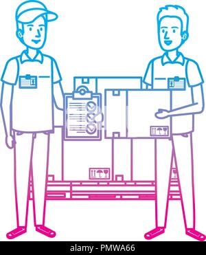 delivery workers with pile boxes and checklist Stock Vector