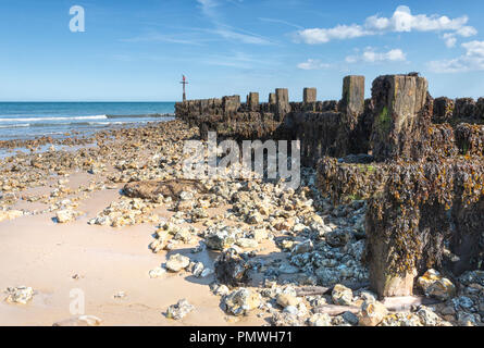 Wooden groynes and revetments, dilapidated on West Runton beach, North Norfolk. Stock Photo