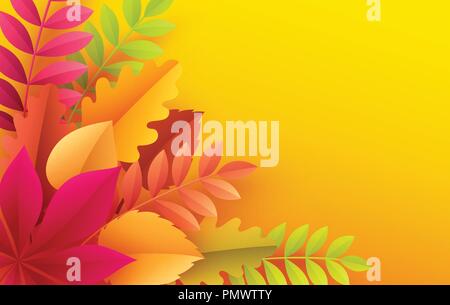 Paper autumn leaves colorful background. Trendy origami paper cut style vector illustration Stock Vector