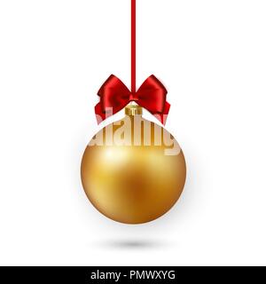 Gold Christmas ball with red ribbon and bow on white background. Vector illustration. Stock Vector
