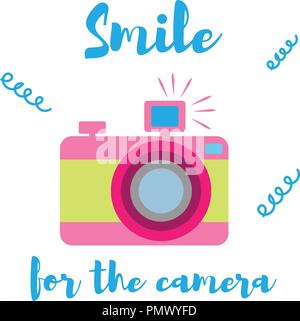Vector illustration. The old-fashioned color camera. Flat style. The inscription smile for the camera on a white background Stock Vector