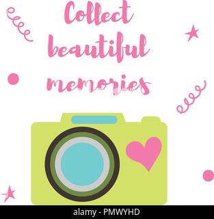 Vector illustration. The old-fashioned color camera. Flat style. Inscription collect beautiful moments on a white background Stock Vector