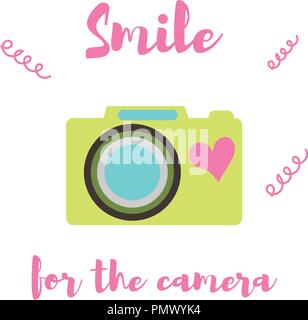 Vector illustration. The old-fashioned color camera. Flat style. The inscription smile for the camera on a white background Stock Vector